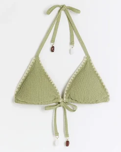 Khaki crinkle stitch triangle bikini top
