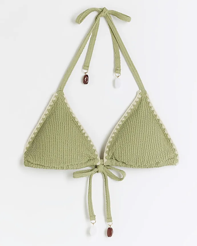 Khaki crinkle stitch triangle bikini top