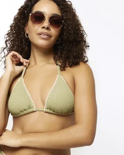 Khaki crinkle stitch triangle bikini top