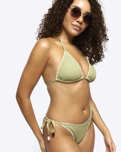 Khaki crinkle tie side bikini bottoms