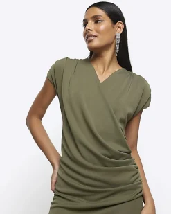 Khaki drape wrap bodycon mini dress