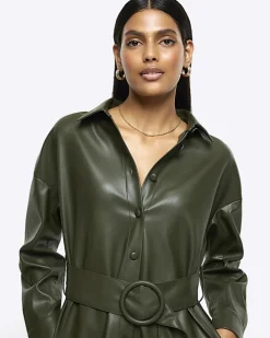 Khaki faux leather belted mini shirt dress