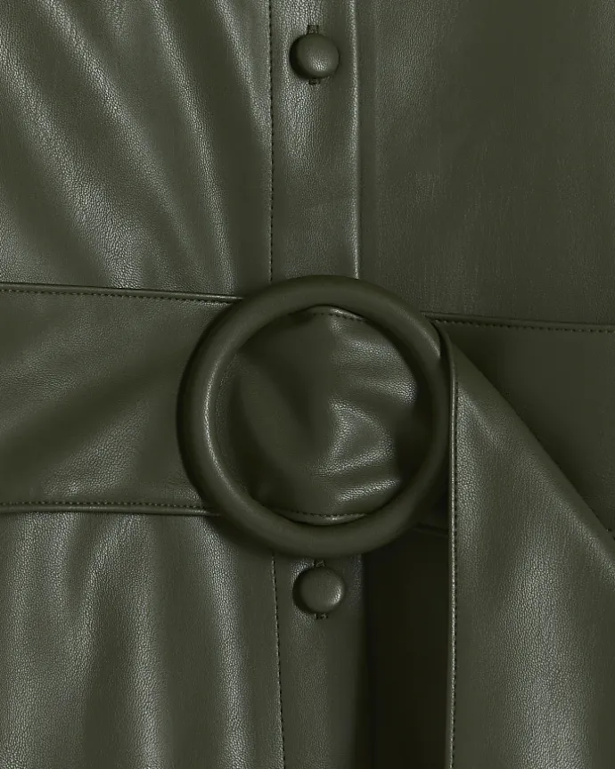 Khaki faux leather belted mini shirt dress