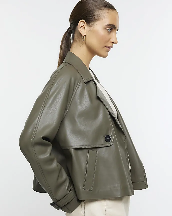 Khaki faux leather crop trench coat