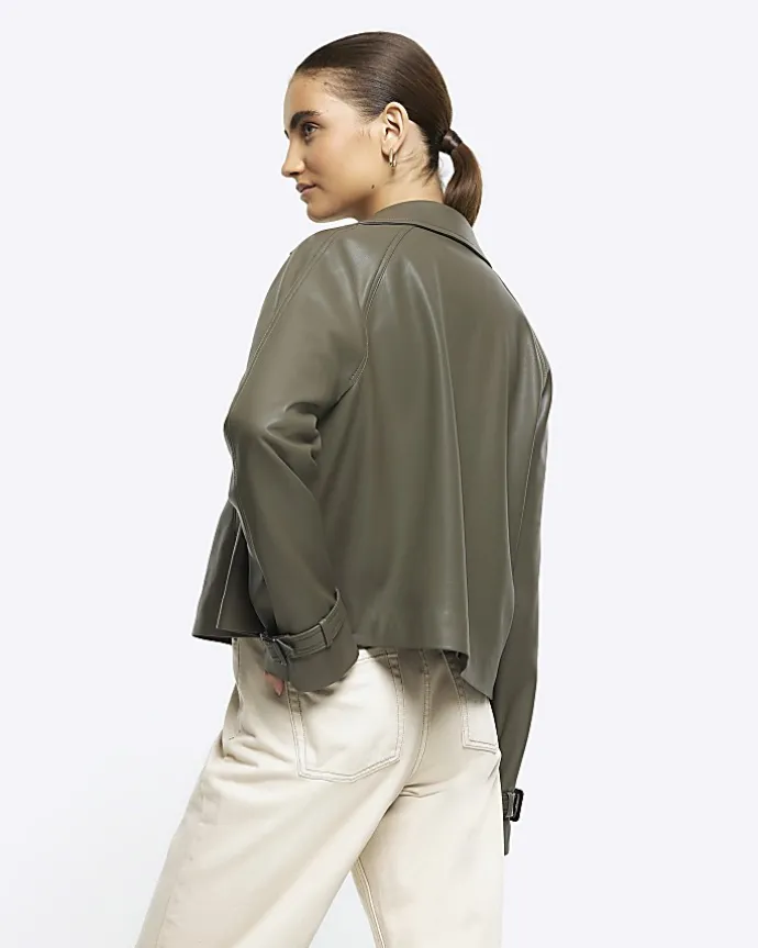 Khaki faux leather crop trench coat