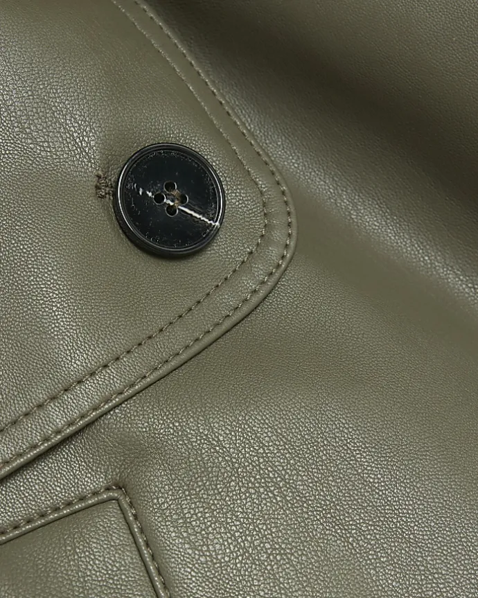 Khaki faux leather crop trench coat