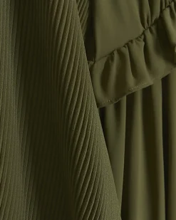 Khaki frill plisse sleeve swing midi dress