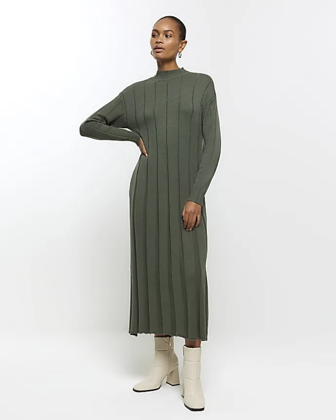 Khaki high neck jumper maxi dress