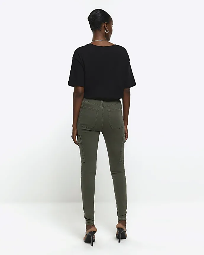 Khaki high waisted skinny cargo jeggings