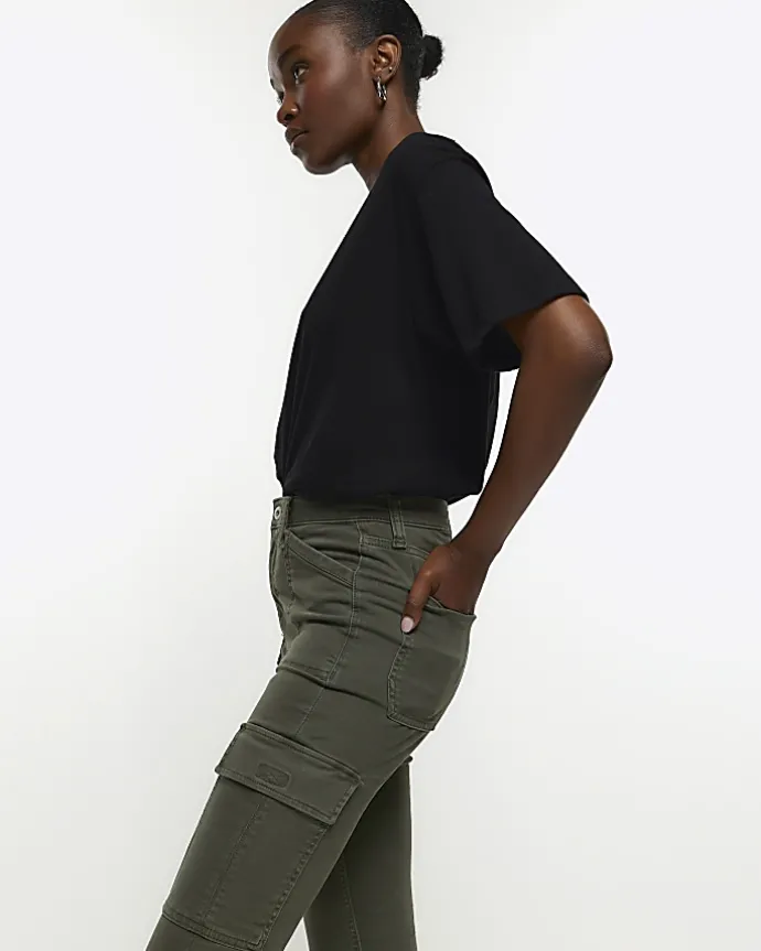 Khaki high waisted skinny cargo jeggings