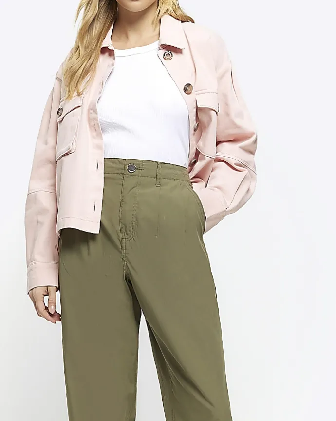 Khaki High Waisted Tapered Trousers