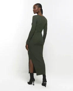 Khaki knit rib jumper maxi dress