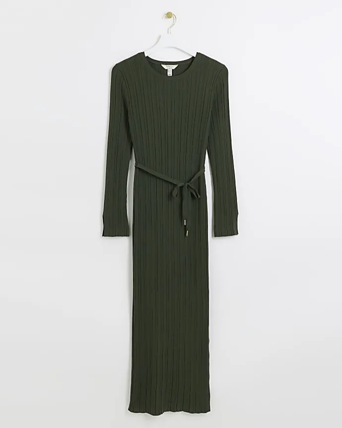 Khaki knit rib jumper maxi dress