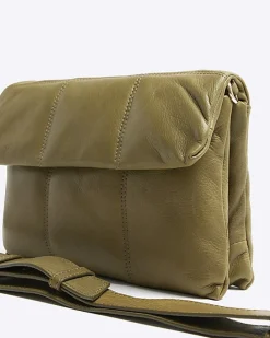 Khaki leather quilted cross body bag
