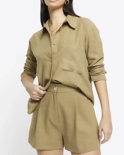 Khaki linen blend high waisted shorts