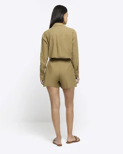 Khaki linen blend high waisted shorts