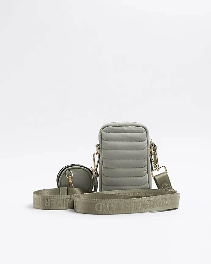 Khaki quilted phone cross body bag