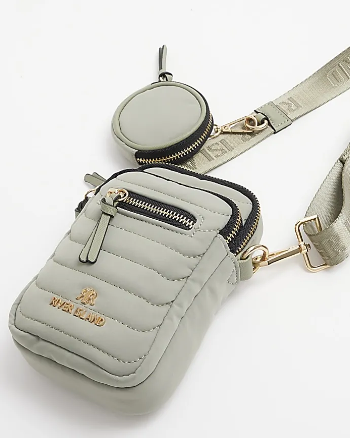Khaki quilted phone cross body bag