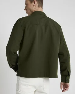 Khaki regular fit linen blend smart overshirt
