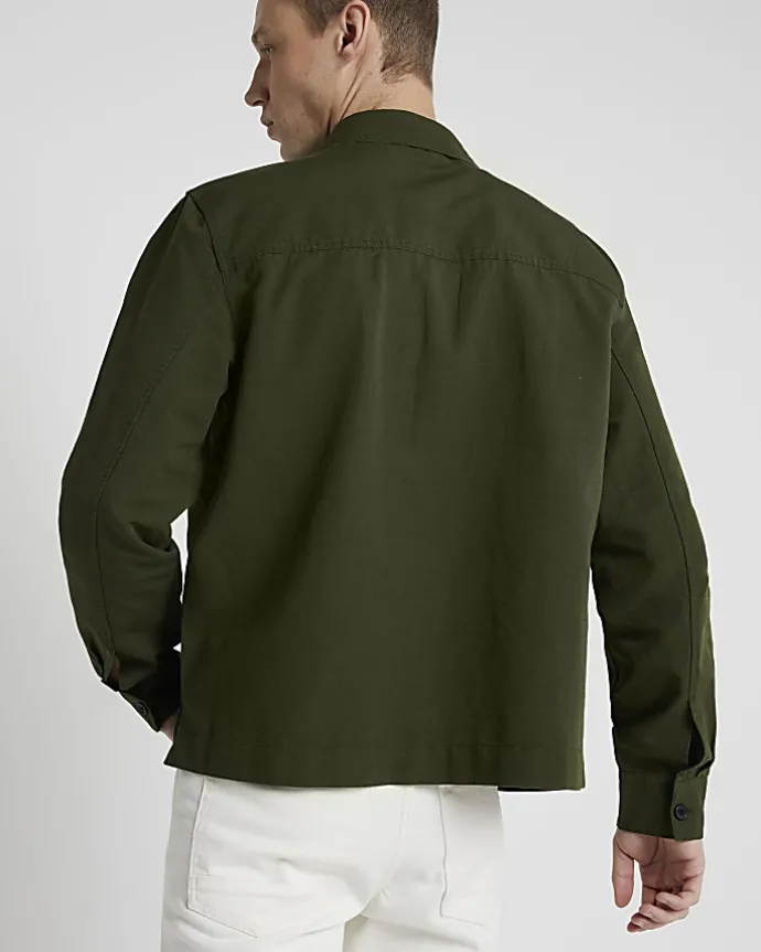 Khaki regular fit linen blend smart overshirt