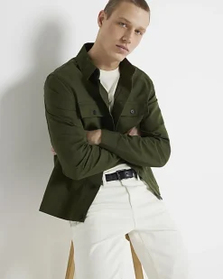Khaki regular fit linen blend smart overshirt