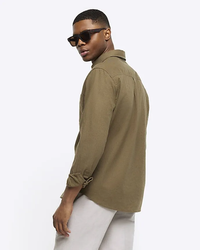 Khaki regular fit linen blend shirt