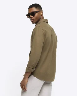 Khaki regular fit linen blend shirt
