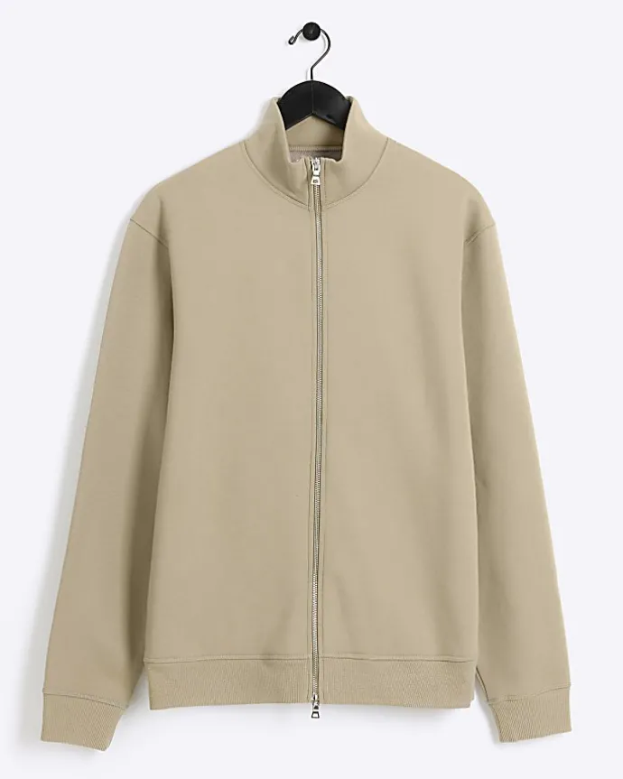 Khaki regular fit zip up funnel sweatshirt