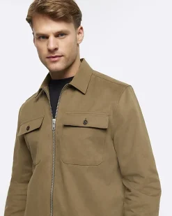 Khaki regular fit zip up overshirt