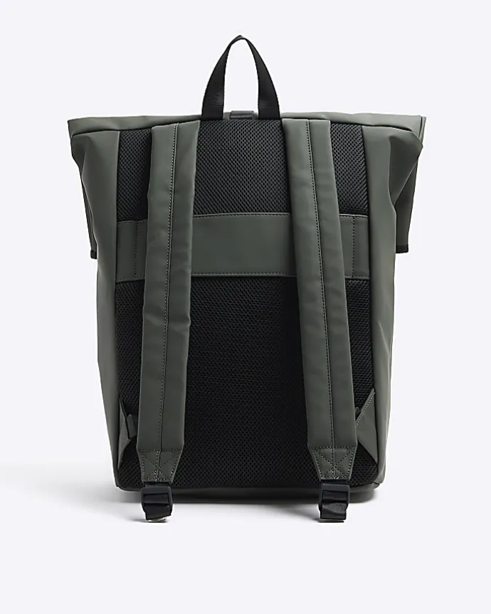 Khaki rubberised roll top backpack