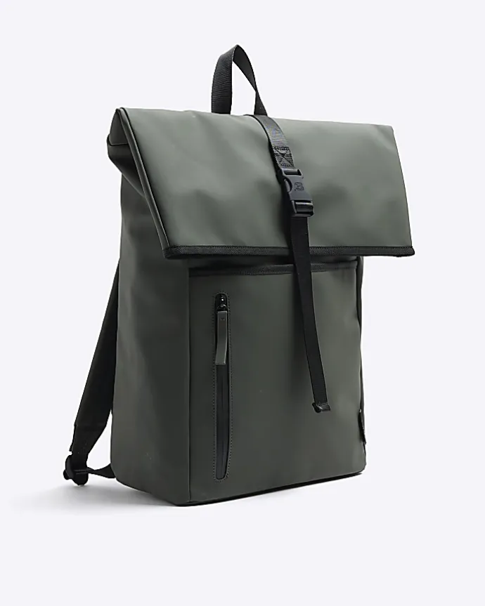 Khaki rubberised roll top backpack