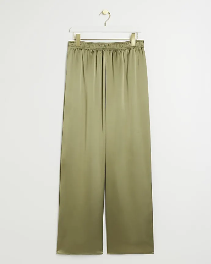 Khaki satin pull on wide leg trousers