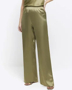 Khaki satin pull on wide leg trousers