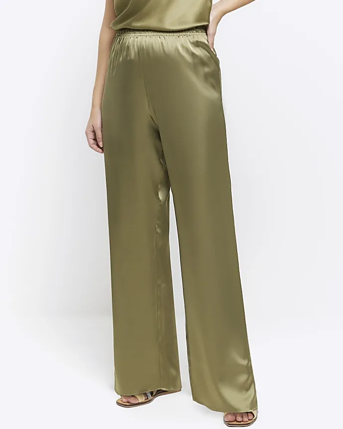 Khaki satin pull on wide leg trousers
