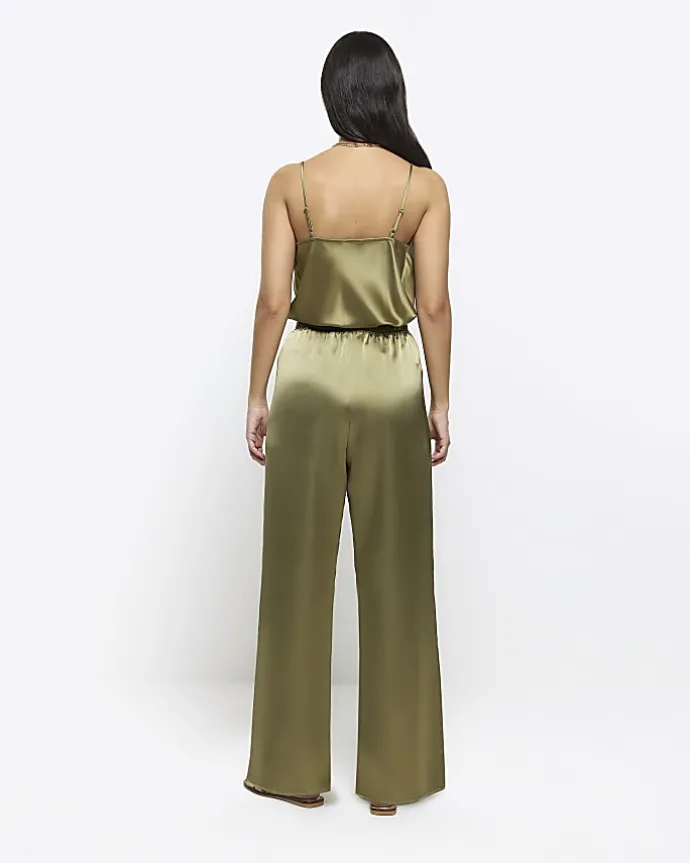 Khaki satin pull on wide leg trousers