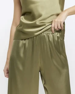 Khaki satin pull on wide leg trousers