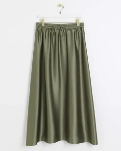 Khaki Satin Tie Waist Maxi Skirt