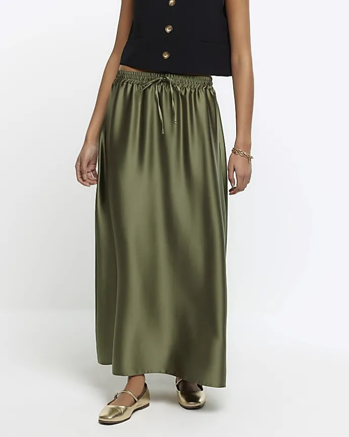 Khaki Satin Tie Waist Maxi Skirt
