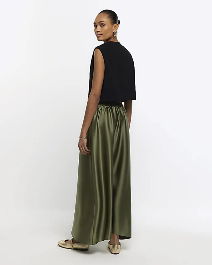 Khaki Satin Tie Waist Maxi Skirt