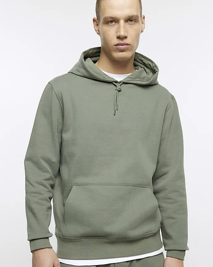 Khaki slim fit plain hoodie