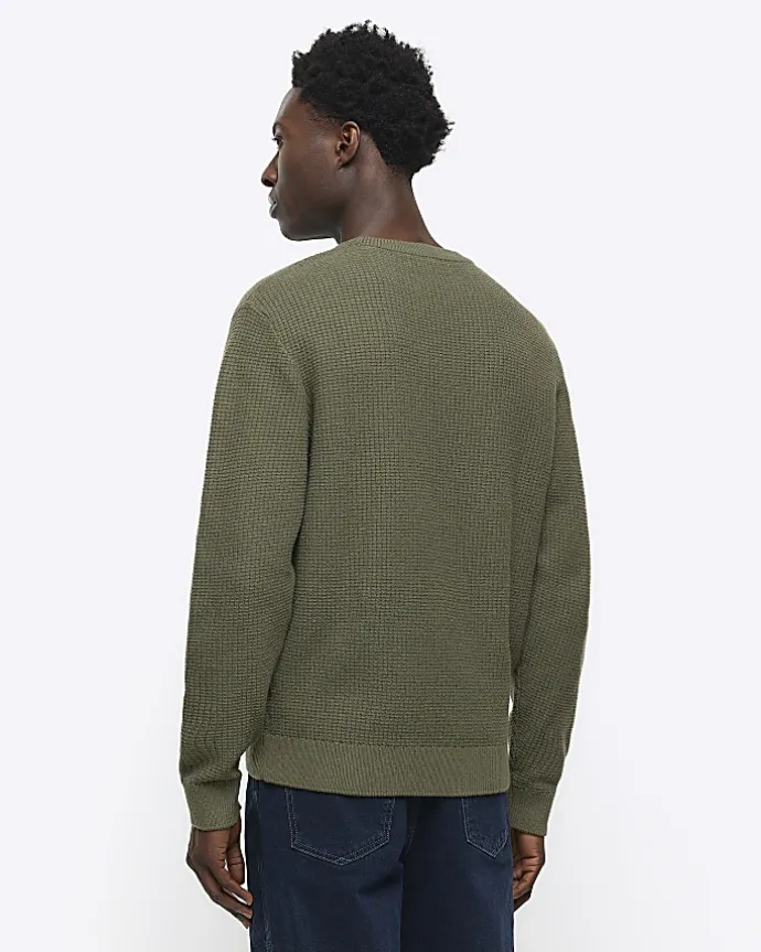 Khaki slim fit waffle texture jumper