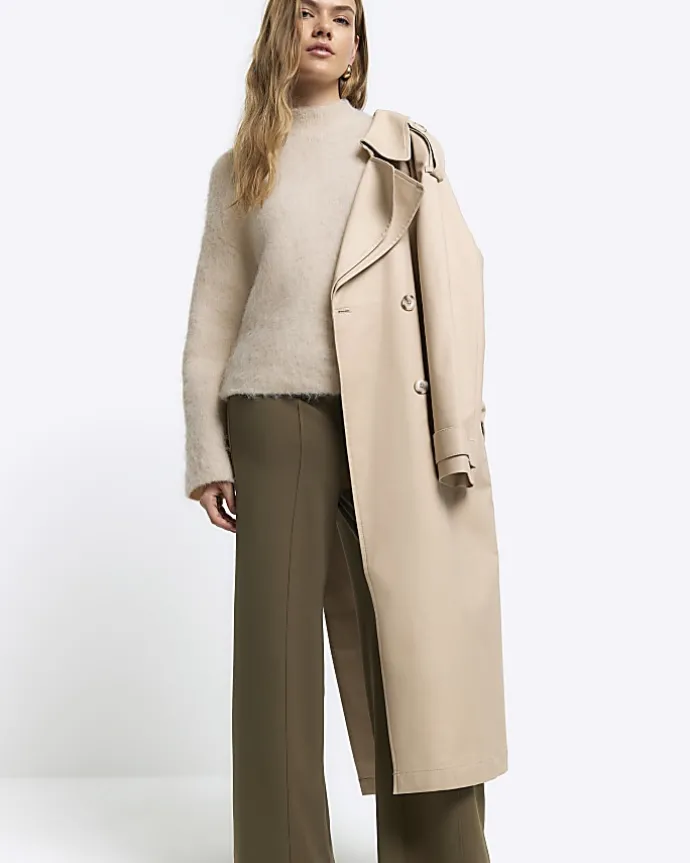 Khaki stitched wide leg trousers