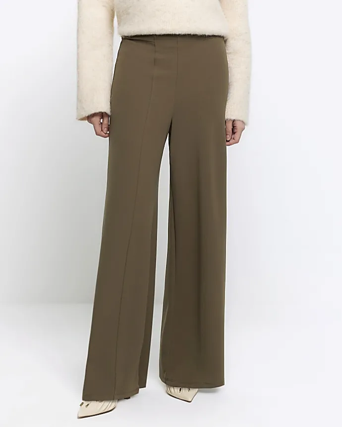 Khaki stitched wide leg trousers