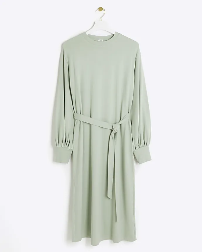 Light Green tie waist sweatshirt midi dress