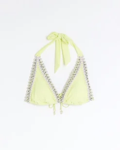 Lime green stitch detail triangle bikini top