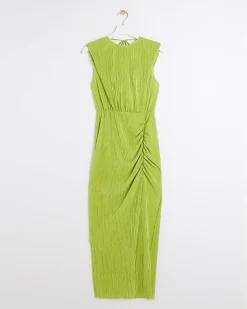 Lime plisse ruched cowl dress
