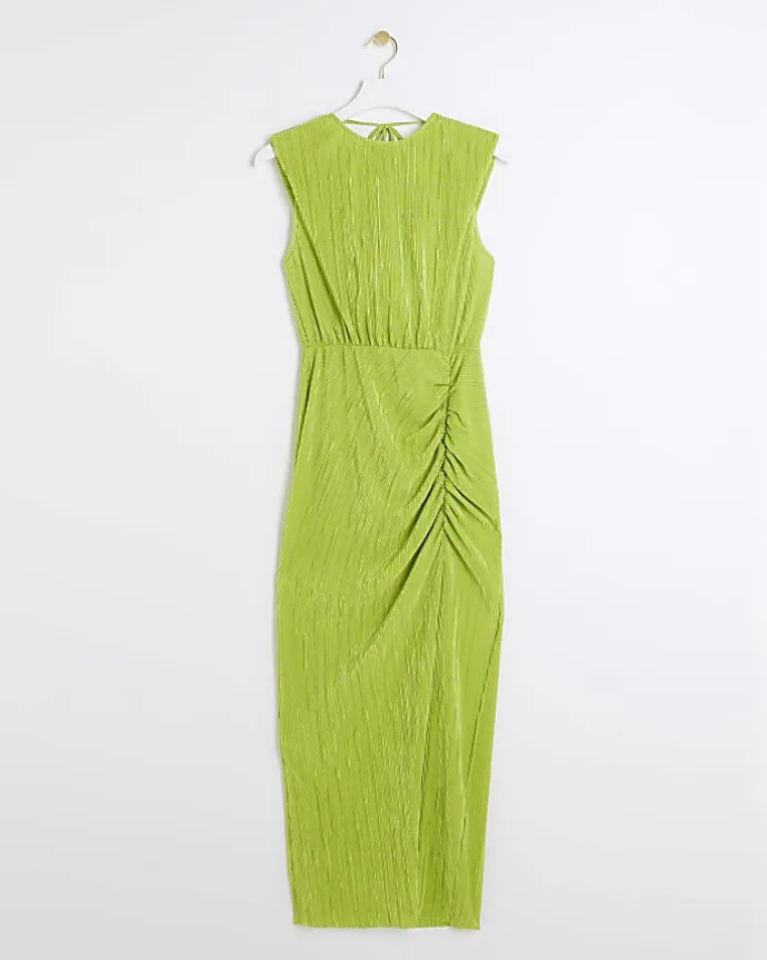 Lime plisse ruched cowl dress