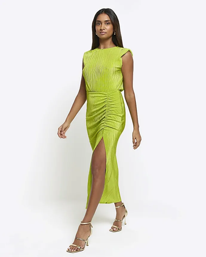 Lime plisse ruched cowl dress