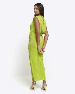 Lime plisse ruched cowl dress
