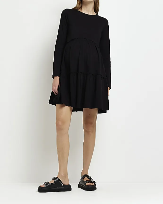 Maternity black long sleeve frill mini dress